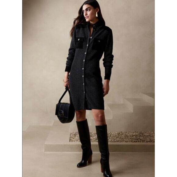 Banana Republic Womens Merino Wool Suede Sweater Dress L Gray Black Utility Coat - Picture 1 of 14